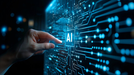 Fototapeta premium A realistic human hand touching a glowing AI icon, AI text, symbolizing deep thinking, data processing, and artificial intelligence, futuristic interface, digital neural network background, blue light