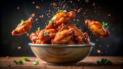 Photo of a dynamic action shot of flavorful chicken wings with a spicy glaze, tumbling into a rustic wooden bowl, with scattered herbs and seasoning creating a sense of motion