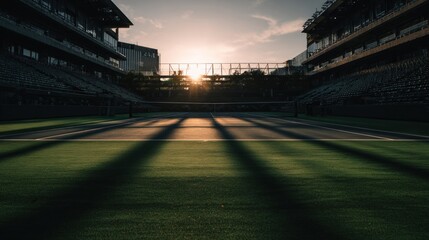 Empty tennis court at sunset, shadows stretching across the green grass