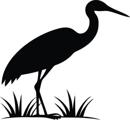 Obraz premium Heron Bird Silhouette Vector – Crane Standing in Grass Clipart for Nature and Wildlife Design