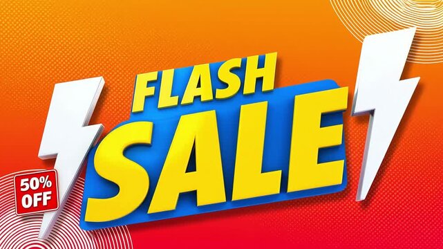 Dynamic 3 D Flash Sale Announcement with 50 Percent Off Discount and Lightning Bolt Graphics for