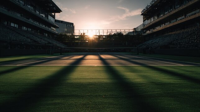 Empty tennis court at sunset, shadows stretching across the green grass - Powered by Adobe