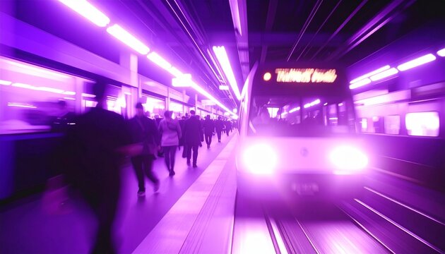 Purple Subway Station: Blurred Motion of Passengers and Approaching Train
