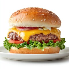 Cheese Burger on plate. Burger featuring a juicy beef patty and melted cheese. Fresh green lettuce and sesame seed bun. hamburger.