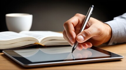 Person using a stylus to write or draw on a digital tablet in a workspace setting