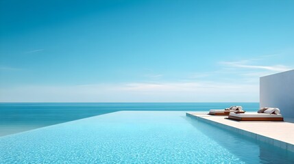 Obraz premium Luxury resort infinity pool with ocean view under a clear blue sky, minimalist travel lifestyle scene. Concept: Luxury travel, relaxation, tropical escape, modern vacation, serenity