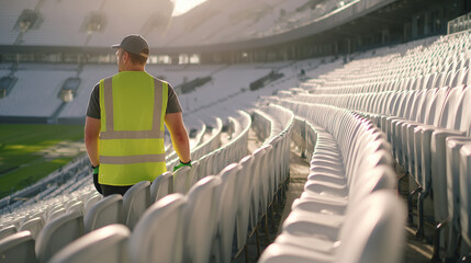 A football stadium cleaning crew working diligently after a game, maintaining cleanliness and hygiene in the stands and walkways. Professional janitorial service in sports venue.