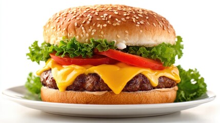 Cheese Burger on plate. Burger featuring a juicy beef patty and melted cheese. Fresh green lettuce and sesame seed bun. hamburger.