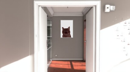 Warm and Bright Indoor Cat Scene with Security Camera on Wall