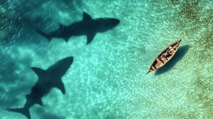 Obraz premium Film still, aerial view, of a small wooden boat with a person in it in the ocean, circles by giant shark shadows in the water 