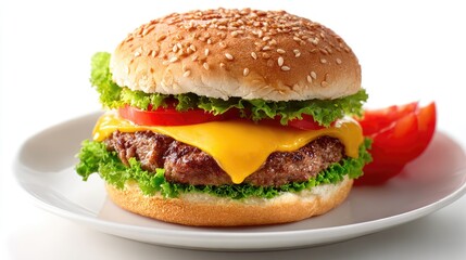 Cheese Burger on plate. Burger featuring a juicy beef patty and melted cheese. Fresh green lettuce and sesame seed bun. hamburger.