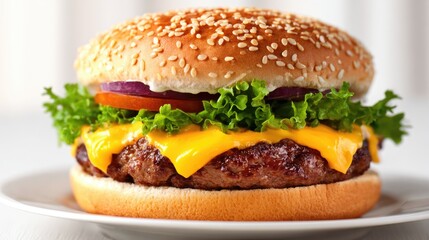 Cheese Burger on plate. Burger featuring a juicy beef patty and melted cheese. Fresh green lettuce and sesame seed bun. hamburger.