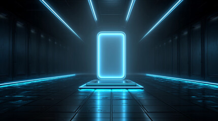 Futuristic blue glowing portal in a dark corridor with reflective floor, concept of digital gateway and virtual reality