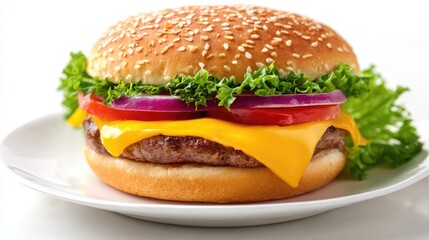 Cheese Burger on plate. Burger featuring a juicy beef patty and melted cheese. Fresh green lettuce and sesame seed bun. hamburger.