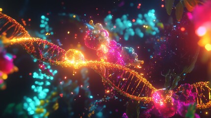 Obraz premium A vibrant depiction of DNA strands intertwined with colorful particles. This image illustrates the beauty of molecular biology and the complexity of life. Generative AI