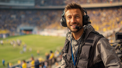 A broadcast crew member working at a soccer stadium, capturing live action and media coverage during a match. Professional atmosphere with sports broadcasting equipment.