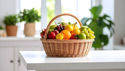 Vibrant, fresh fruits in a rattan basket on a white table, ideal for themes of healthy eating and natural abundance.