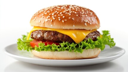 Cheese Burger on plate. Burger featuring a juicy beef patty and melted cheese. Fresh green lettuce and sesame seed bun. hamburger.