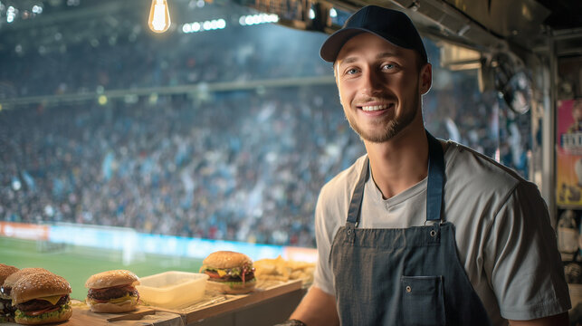 A concession stand worker at a soccer stadium serving customers during a match. Uniformed staff selling snacks and drinks in a busy sports environment.