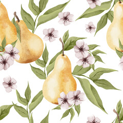 Seamless pear pattern. Different herbs and flowers, hand-drawn. Vintage vector illustration of flowers. Colorful banner. An idea for wallpaper and textiles. Linear drawing. Rustic style.