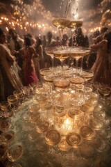 Wide Angle Shot of Symmetrical Champagne Tower at Lavish Indian Ceremony
