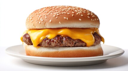 Cheese Burger on plate. Burger featuring a juicy beef patty and melted cheese. Fresh green lettuce and sesame seed bun. hamburger.