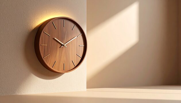 Wooden Clock Telling Time on Wall with Sunlight
