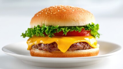 Cheese Burger on plate. Burger featuring a juicy beef patty and melted cheese. Fresh green lettuce and sesame seed bun. hamburger.