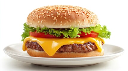 Cheese Burger on plate. Burger featuring a juicy beef patty and melted cheese. Fresh green lettuce and sesame seed bun. hamburger.