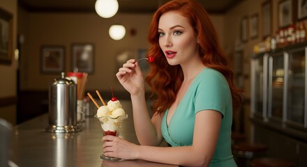 Glamorous Woman Enjoying Ice Cream Capturing Retro Elegance in a Diner Setting - Perfect for Vintage, Beauty, and Dessert-Themed Content