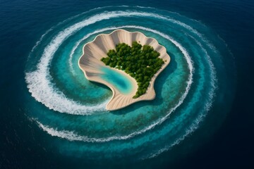 A unique island shaped like a giant shell, featuring lush greenery and surrounded by vibrant turquoise waters and wave patterns. Concept Island Design, Shell-Shaped Geography, Lush Greenery