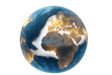 Planet earth rotating, showing europe and africa illuminated by city lights at night, with a transparent background