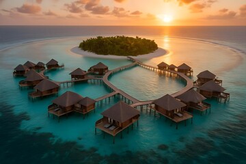Aerial view of a tropical island with overwater bungalows and a sunset reflecting on crystal-clear waters. Concept Tropical Island Paradise, Overwater Bungalows, Aerial Photography