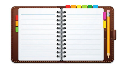An open notebook with colorful divider tabs and a pen.