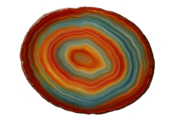Polished agate cross section showing concentric bands of rainbow colors, isolated on transparent background