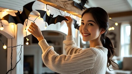 Young woman decorating home with Halloween props, hanging paper bats and string lights in a cozy indoor atmosphere  
