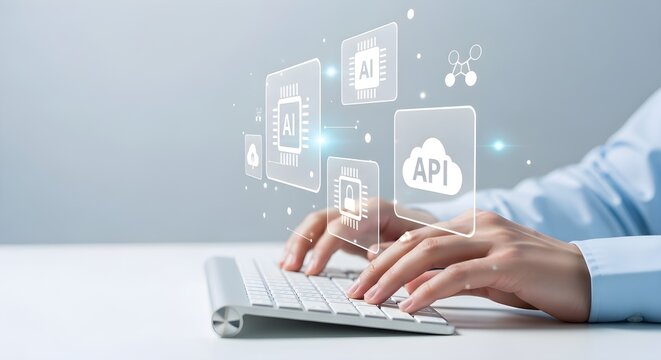 Person typing on keyboard, AI, API, cloud computing, cybersecurity, digital technology, futuristic interface, modern workspace, secure data, innovative solution.