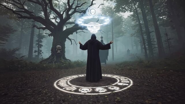 Dark Ritual in Haunted Forest Hooded Sorcerer Summons Skull Magic