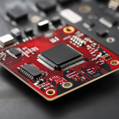 Square Macro Close‑Up of Red PCB with PCB Components and Sharp Traces