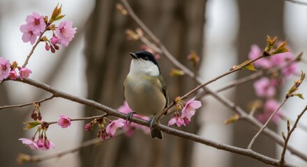A Small Bird Perched Among Delicate Pink Cherry Blossoms in Spring