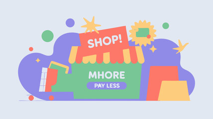 Naklejka premium Minimalist Vector SVG Illustration of Shopping Mall with Shop Sign in Flat Design Style Bright Colors