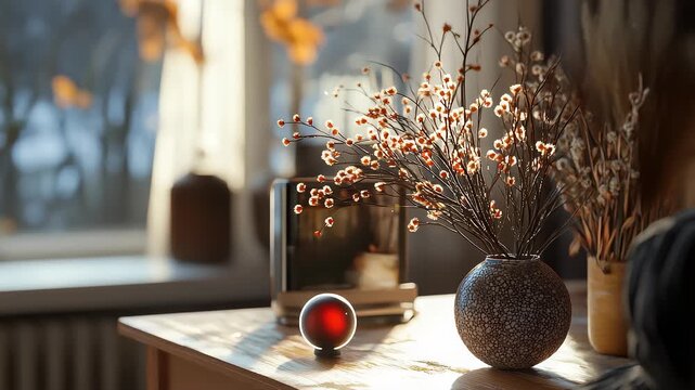 Warm Sunlight Gently Touches Tabletop Flowers Indoor Cozy Corner