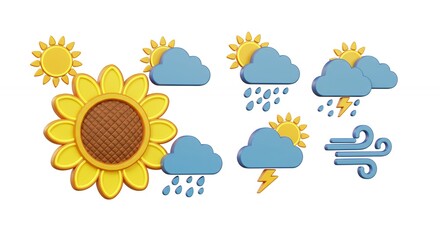 Colorful weather icons set with sunflower