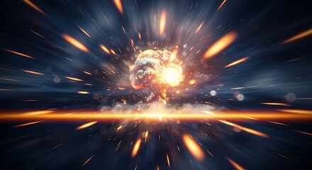 Dramatic explosion with fire particles and smoke cloud in a dynamic perspective view conveying