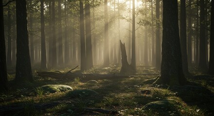 Fototapeta premium Serene Forest with Sunlight Filtering Through Tall Trees and Fog