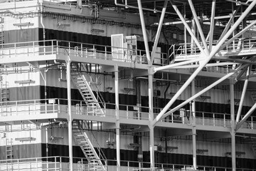 Different levels of a giant, metallic oil platform.