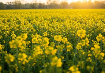 夕日輝く菜の花畑 黄色い花びら一面に広がる