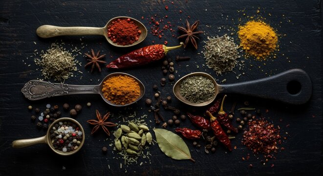 Colorful Arrangement of Various Spices on Dark Wooden Surface