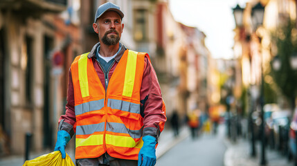 A city sanitation worker in uniform performing daily cleaning duties on the street, maintaining cleanliness and hygiene in the urban environment, captured in a candid moment.