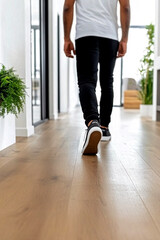 Person walking inside a bright modern home with wooden floor, symbolizing comfort, style, and healthy indoor lifestyle.